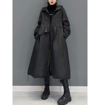 Women Black Hooded Pockets Fine Cotton Filled Witner Coat Winter