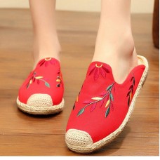 Simple Splicing Red Cotton Fabric Embroideried Slippers Shoes