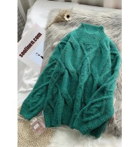 Women green Sweater dress outfit plus size high neck thick daily  knit dress